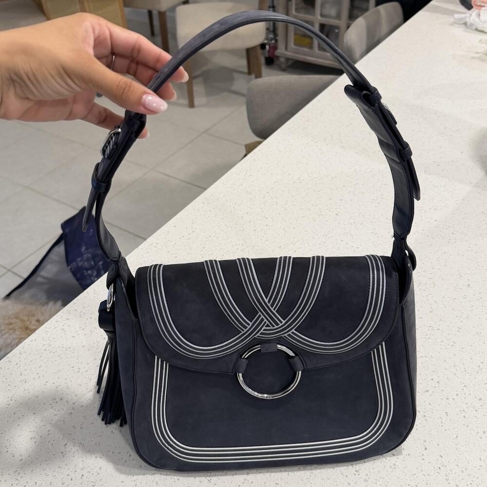 Tory Burch Tassle Large Shoulder Bag Navy Blue Suede Leather Luxury Casual Chic